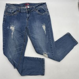 Vtg 00s Bongo Medium Wash Low Rise Distressed Skinny Jeans Women Size 11 31"